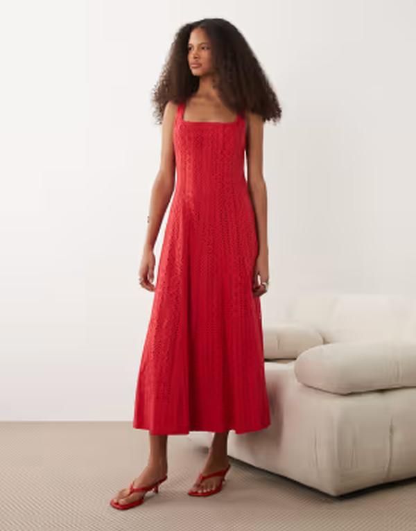 マンゴ レディース トップス ワンピース ミディ ノースリーブ コットン 刺繍 Mango 100 cotton square neck sleeveless embroidered midi dre