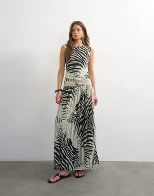 トップショップ レディース トップス ワンピース プリント メッシュ マキシ Topshop mesh zebra print drop waist maxi dress in monoCHROME