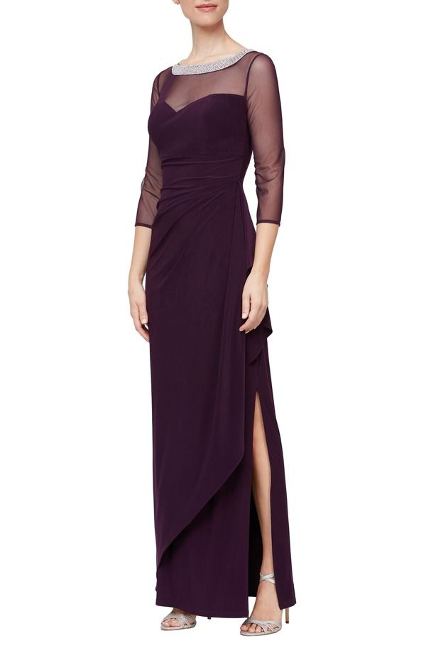 アレックスイブニングス レディース トップス ワンピース ギャザー Alex Evenings Illusion Sleeve Side Ruched Gown Eggplant
