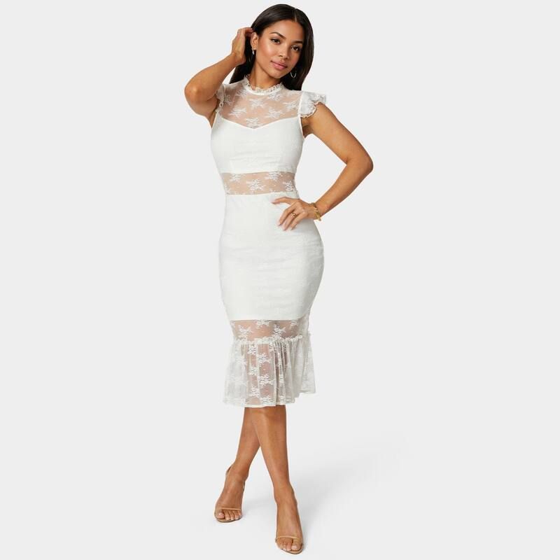 ベベ レディース トップス ワンピース ミディ レース Womens bebe Illusion Lace Midi Dress White ホワイト