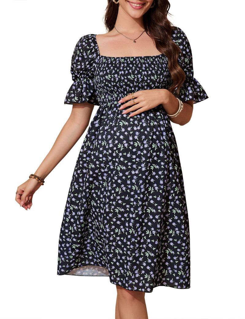 ファンジュライ レディース トップス ワンピース フラワー柄 ミディ シャーリング フラワー FUNJULY Womensquare Neck Puff Short Sleeve Smocked Fl