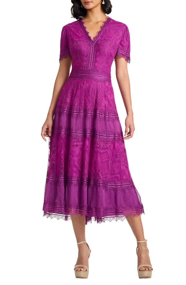 タダシショージ レディース トップス ワンピース メッシュ ミディ レース Tadashi Shoji Lace Mesh Midi Cocktail Dress MAGENTA マゼンタ