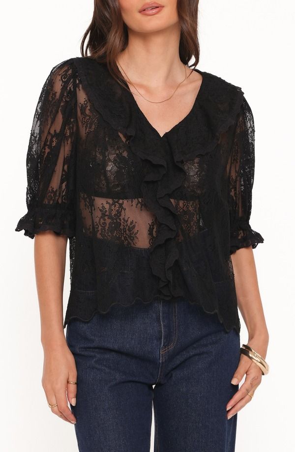 ペタルアンドパップ レディース トップス シャツ フラワー柄 コットン レース フラワー Petal Pup Adhanna Floral Cotton Blend Lace Top BLACK ブラ