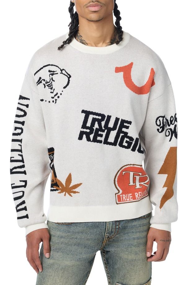 トゥルーレリジョン メンズ アウター パーカー・スウェット クルーネック セーター ロゴ True Religion Multi Logo Crewneck Sweater WINTER WHITE