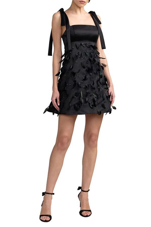 マックダガル レディース トップス ワンピース Mac Duggal Square Neck Tie Strap Feather Detail Dress Black ブラック