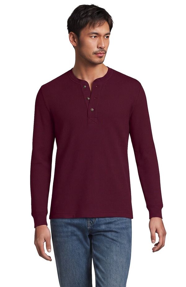 ランズエンド メンズ トップス シャツ Lands End Long Sleeve Thermal Waffle Henley Rich Burgundy バーガンディ