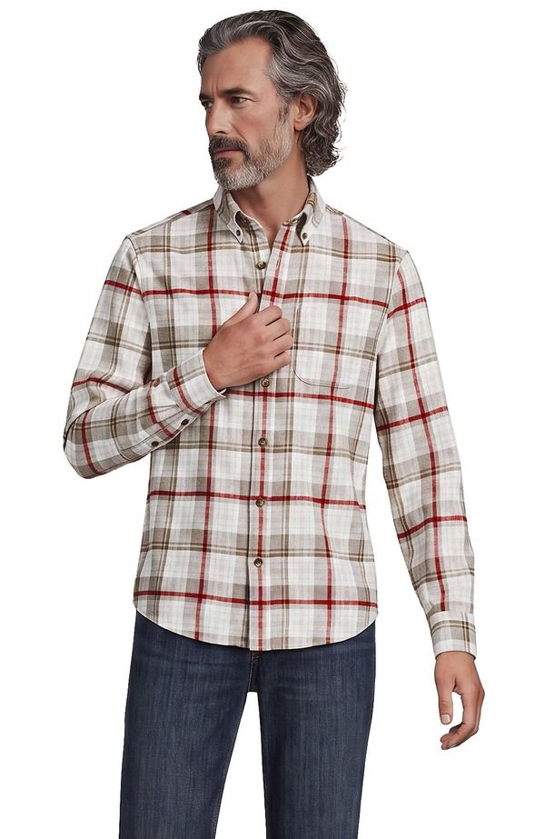 ランズエンド メンズ トップス シャツ Lands End Long Sleeve Classic Fit Flagship Flannel Shirt IvoryGrayRed Tartan Pla