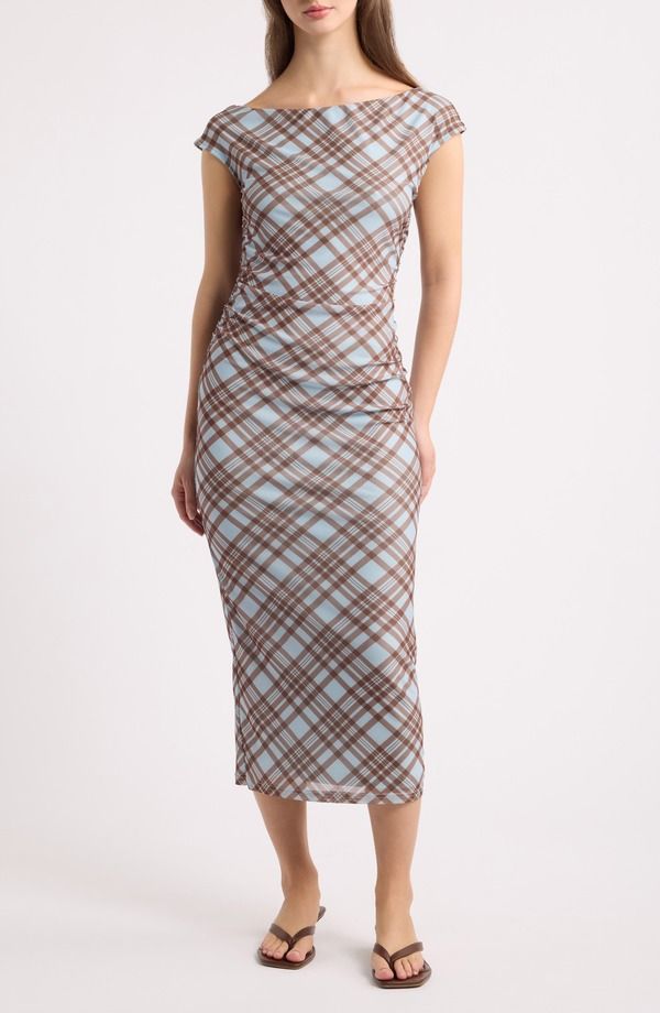 ペタルアンドパップ レディース トップス ワンピース メッシュ ミディ Petal Pup Clea Off the Shoulder Mesh Midi Dress BLUE PLAID ブルー