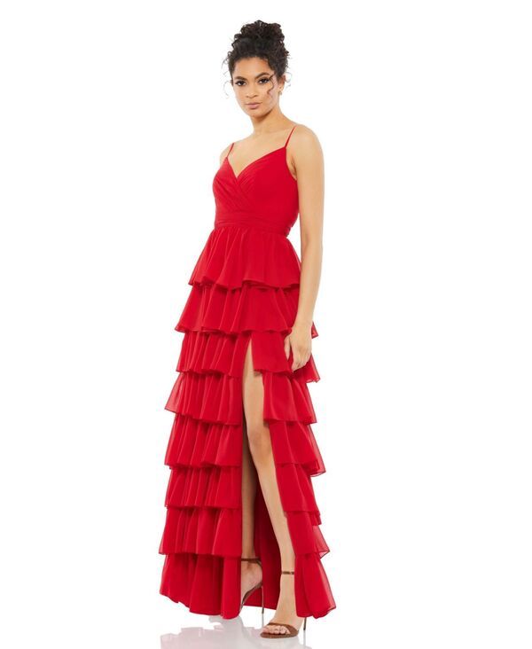 マックダガル レディース トップス ワンピース ティアード フリル ノースリーブ Mac Duggal Womens Ieena Ruffled Tie red Sleeveless Gown Red