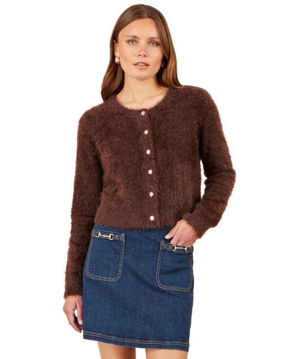 ユミキム レディース アウター ニット・セーター クルーネック カーディガン Yumi Womens Eyelash Knit SparkleButton Crew Neck Cardigan Bro