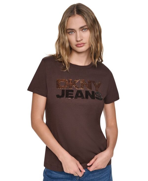 ダナキャランニューヨーク レディース トップス Tシャツ クルーネック スパンコール ロゴ DKNY Jeans Womenstacked Logo Mixed Sequins Crew Neck T