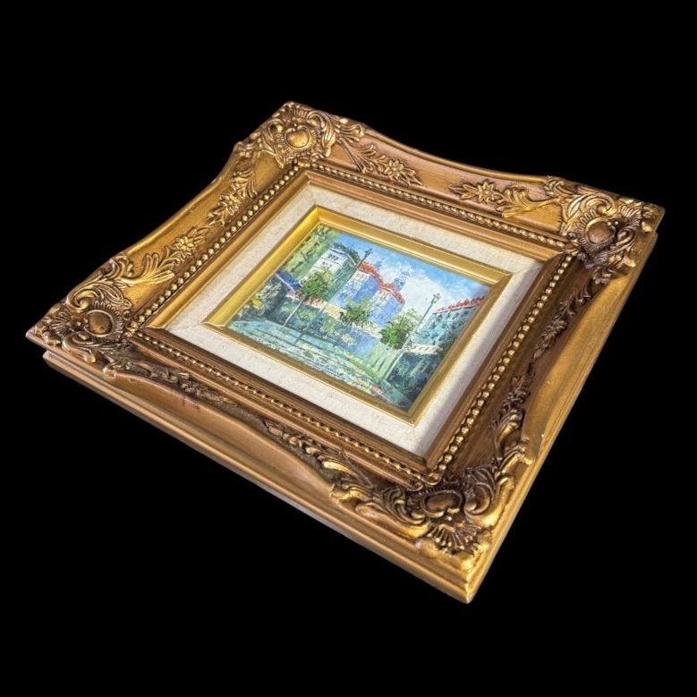 油彩画 ヨーロッパ 街並み 油絵 額装 金縁 風景 壁掛 絵画 アート 雑貨