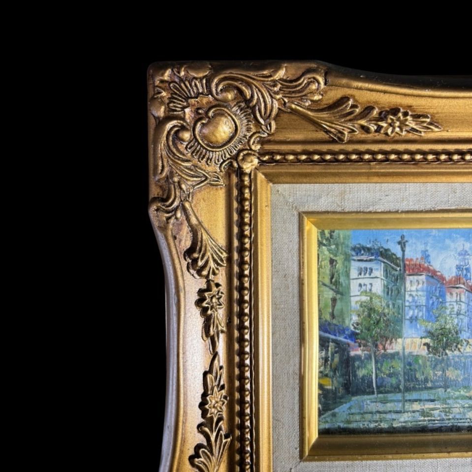 油彩画 ヨーロッパ 街並み 油絵 額装 金縁 風景 壁掛 絵画 アート 雑貨