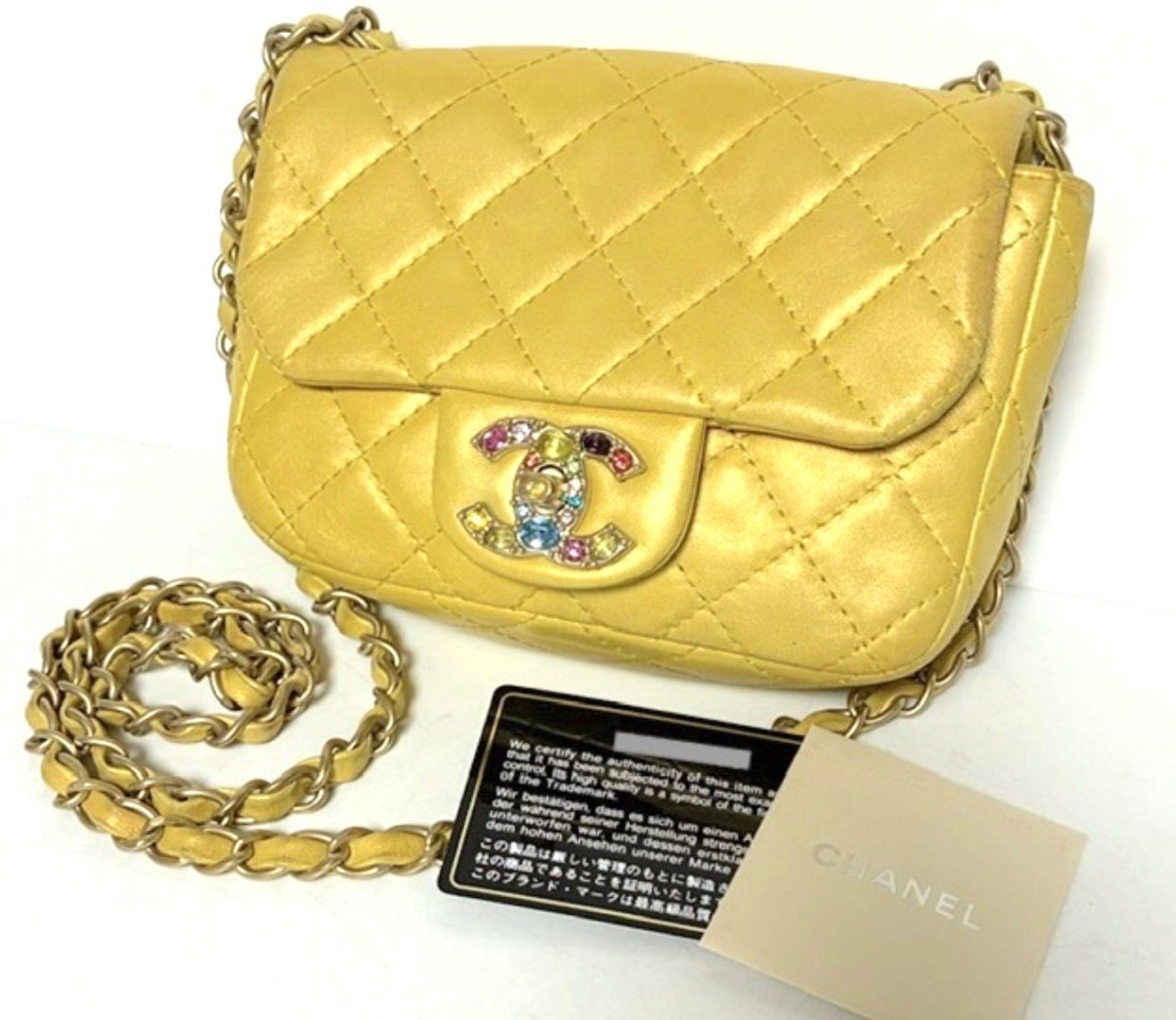 可愛いです！早い者勝ち！【Gカード付属】シャネル CHANEL ビジュー ココマーク マトラッセ ミニ チェーン ショルダーバッグ イエロー 2A48