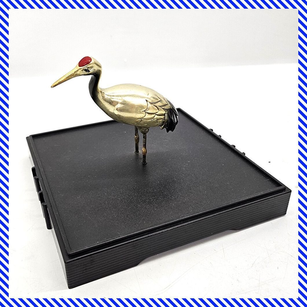 鶴 置物 台座付 金属製 ツル 鳥 彫刻 飾り オブジェ 開運 縁起物 風水