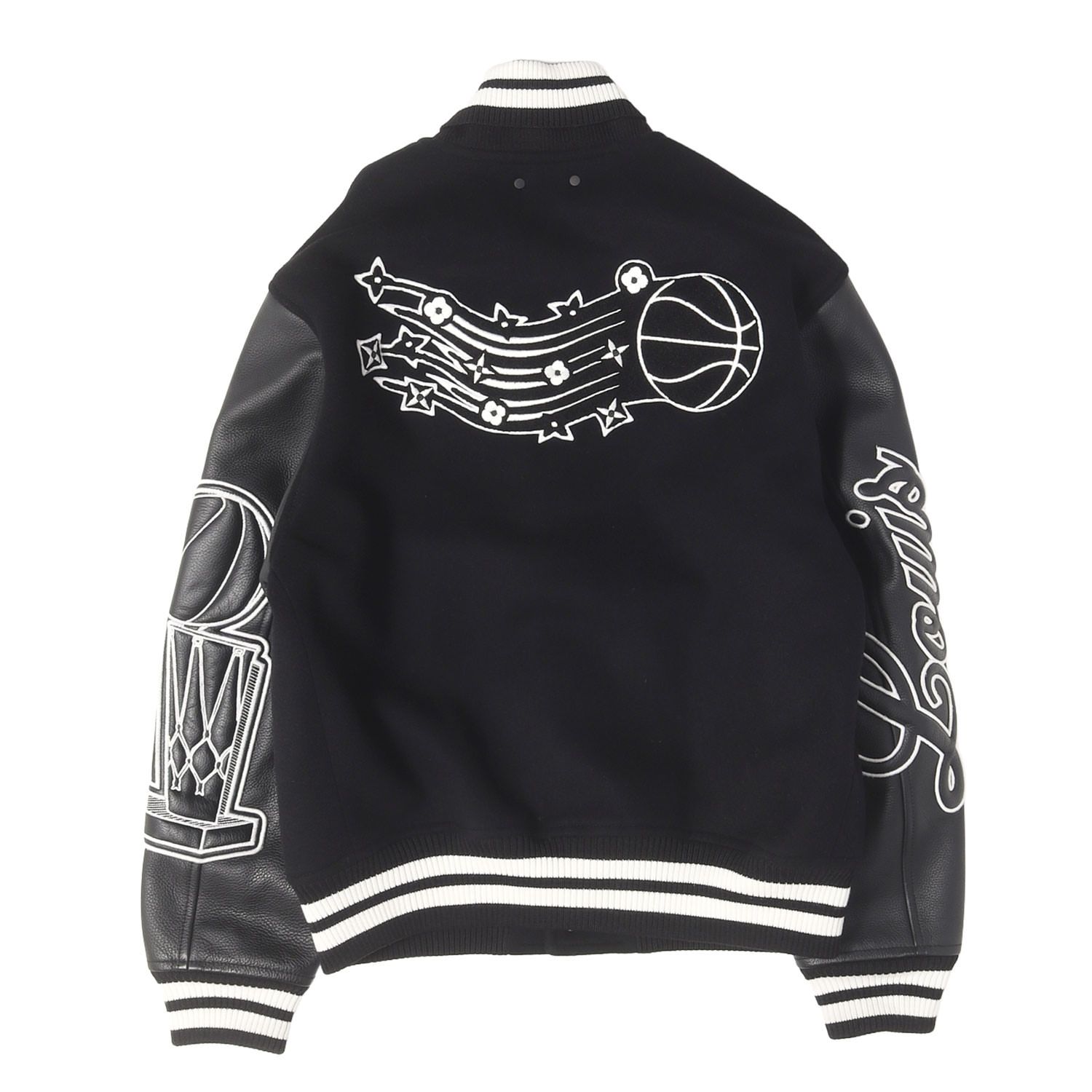 【美品】LOUIS VUITTON ルイヴィトン ジャケット ブラック 黒 46 21SS NBA ロゴ エンボス バーシティ ジャケット Louis Vuitton x NBA Leather Basketball Jacket フランス製【中古】