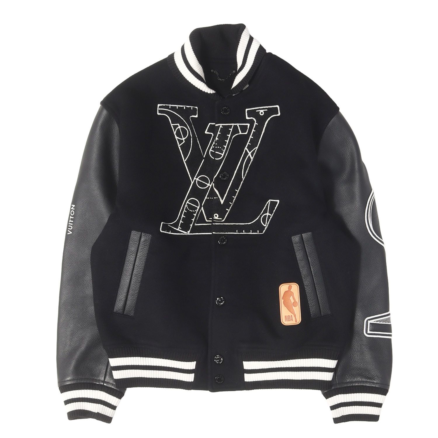 【美品】LOUIS VUITTON ルイヴィトン ジャケット ブラック 黒 46 21SS NBA ロゴ エンボス バーシティ ジャケット Louis Vuitton x NBA Leather Basketball Jacket フランス製【中古】