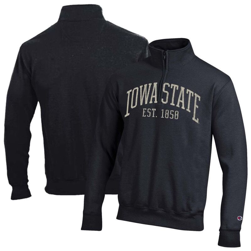 チャンピオン メンズ トップス Tシャツ Mens Champion Black Iowa State Cyclones Powerblend QuarterZipullover Isu Black