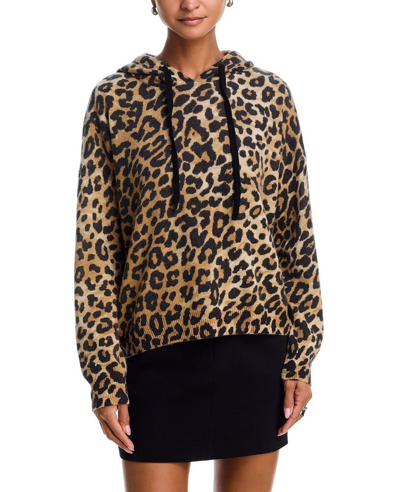 アクア レディース アウター ニット・セーター プリント パーカー AQUA 100 Cashmere Leopard Print Hoodie Sweater Exclusive Brown Bla