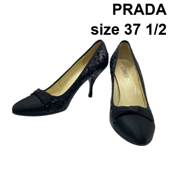 プラダ PRADA ハイヒールパンプス シューズ アーモンドトゥ グログランリボン サテン スパンコール 37ハーフ 約24.5cm レディース 6D623
