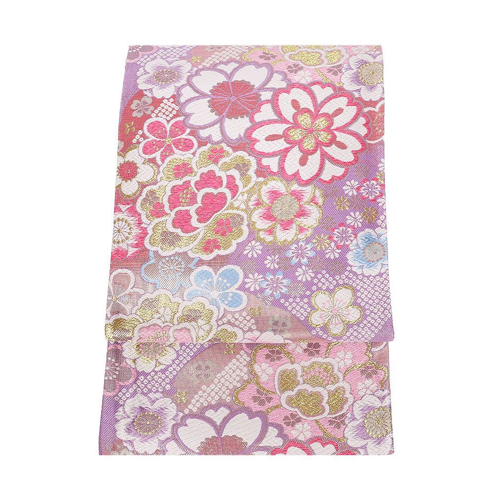 振袖用 袋帯 正絹 薄紫 ピンク 金 桜 牡丹 Lサイズ F9169 美品