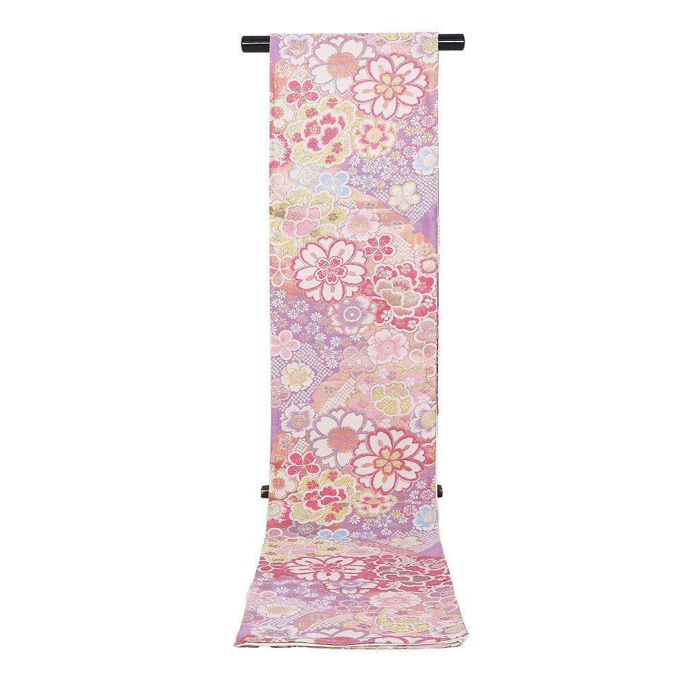 振袖用 袋帯 正絹 薄紫 ピンク 金 桜 牡丹 Lサイズ F9169 美品