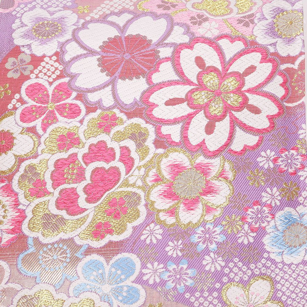 振袖用 袋帯 正絹 薄紫 ピンク 金 桜 牡丹 Lサイズ F9169 美品