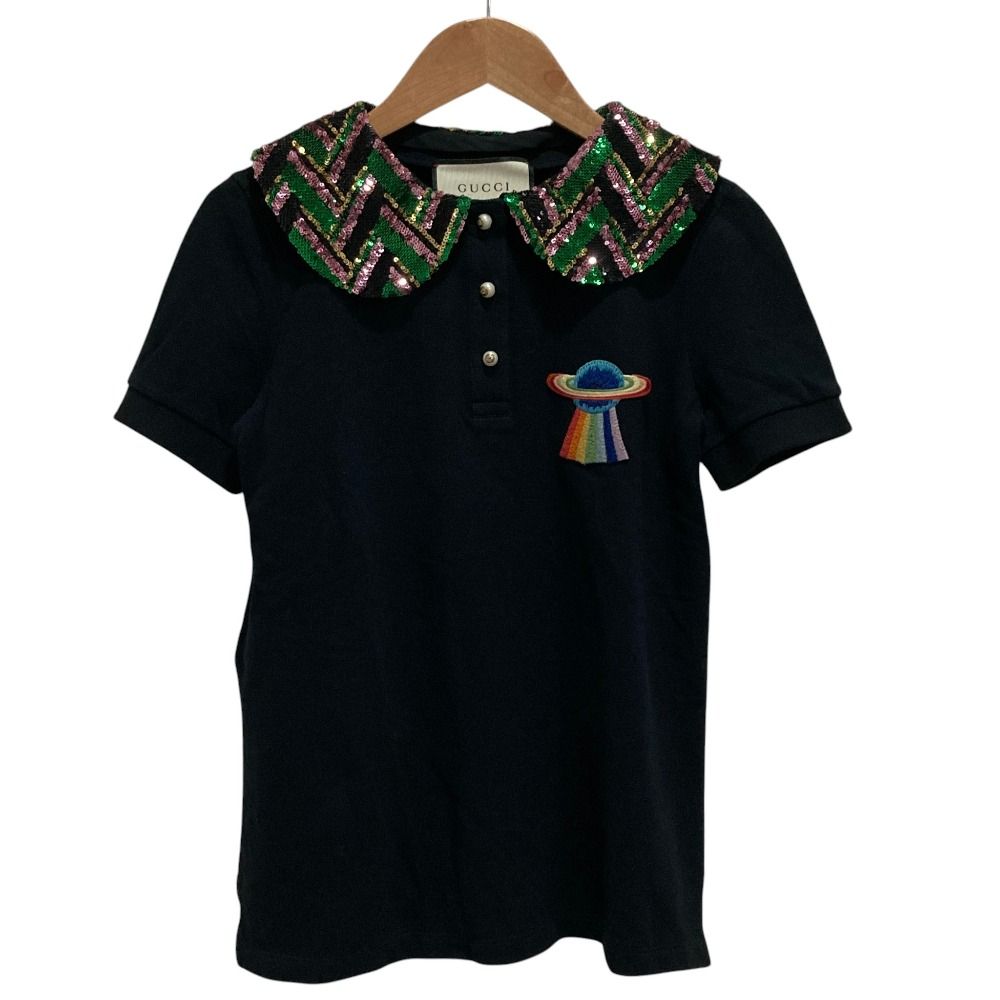 GUCCI グッチ スパンコールカラー 付け襟 パールボタン ショートスリーブ ポロシャツ 479487 サイズXS ブラック レディース 春 夏 中古 古着 USED 美品