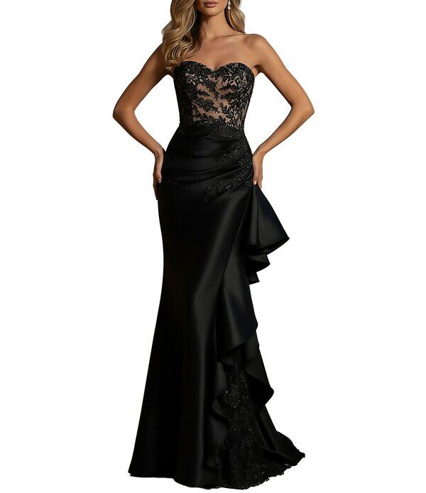 テラニクチュール レディース トップス ワンピース フリル ストラップレス レース Terani Couture Strapless Lace Bodice Long Dress With Side