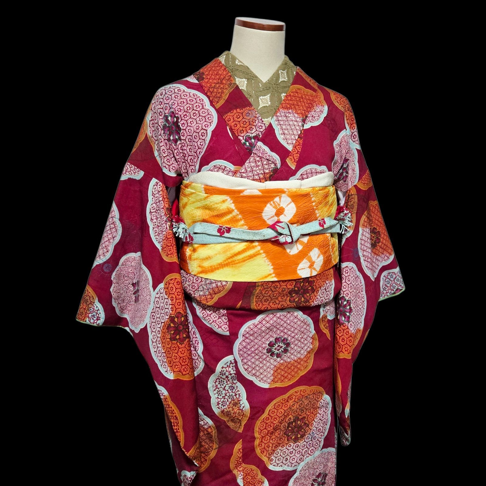 えんじ 曼陀羅 花 アンティーク着物 絞り オレンジ 黄色 名古屋帯