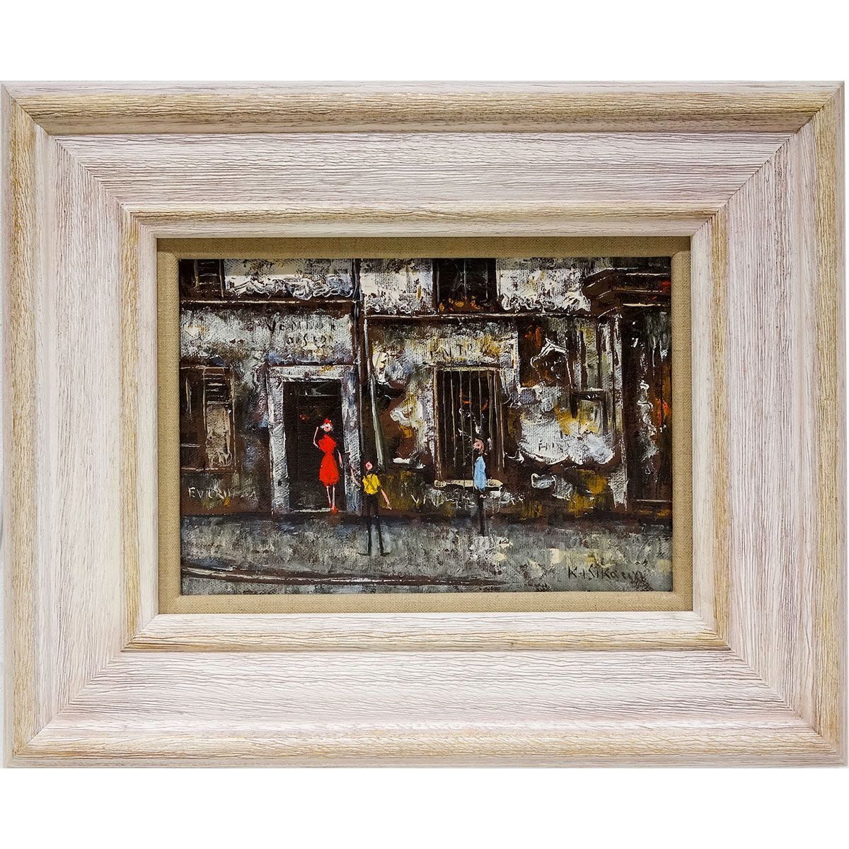 油彩画 SM号 石川佳図 「パリの下町」 【オリジナル高級額入り】 油絵 真筆 手描き 肉筆画 風景画 フランス 街角 石畳 おしゃれ モンマルトル 小さな絵　YE676