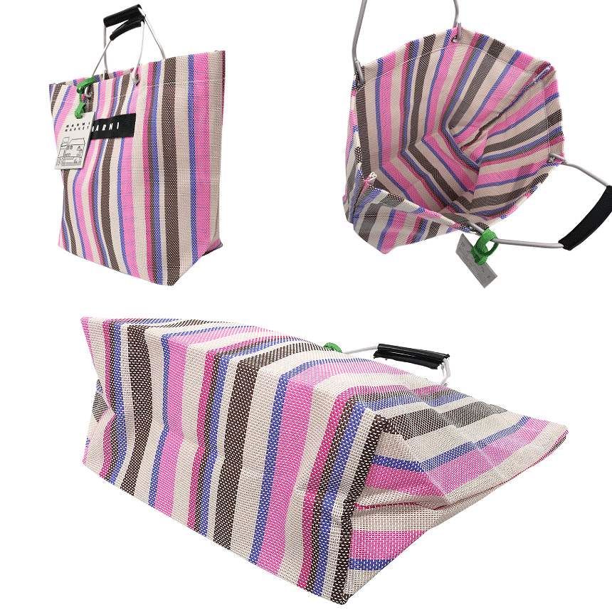 【新品】MARNI MARKETトートバッグ ピンク×ネイビー系 ストライプ MARNI マルニ フラワー カフェ バッグ ストライプ トートバッグ ピンク