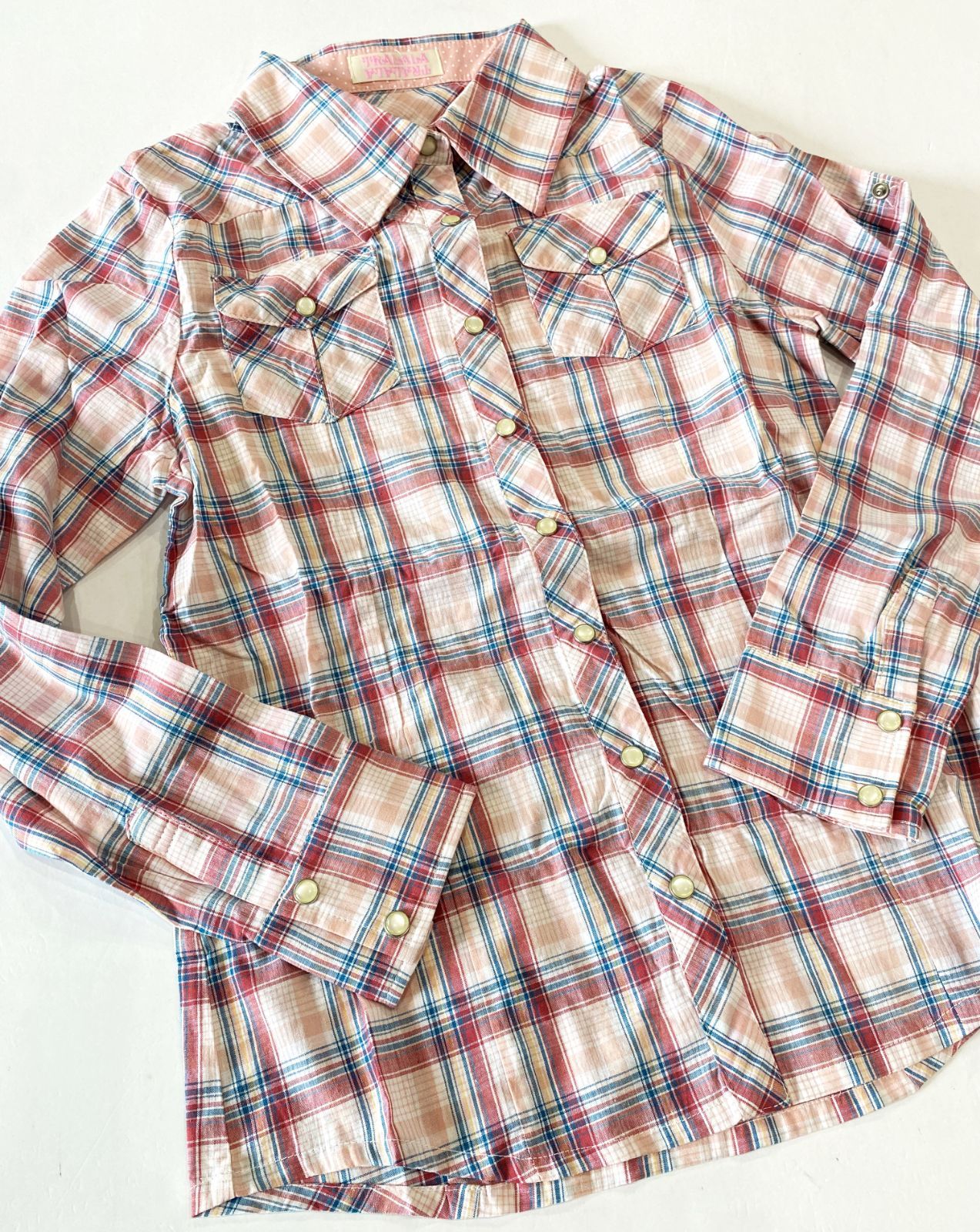 Tralala トゥララ 長袖シャツ ホワイト ピンクチェック　ハート 新品】TRALALA トゥララ チェックシャツ Y2K 姫ギャル 地雷系 コスプレ