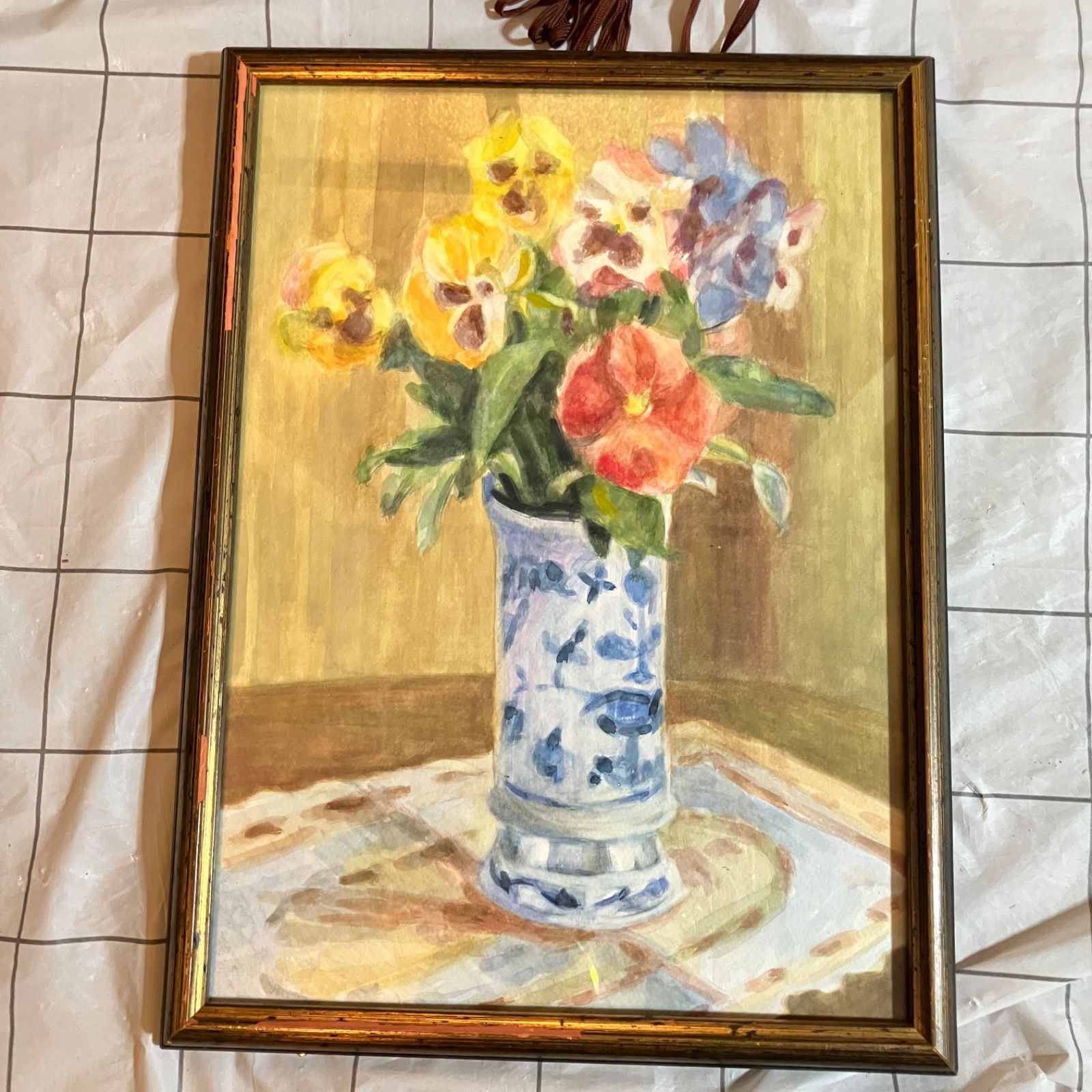 絵画3点セット 花の静物画 額装 水彩画風 野菜画 街並み 作者不明