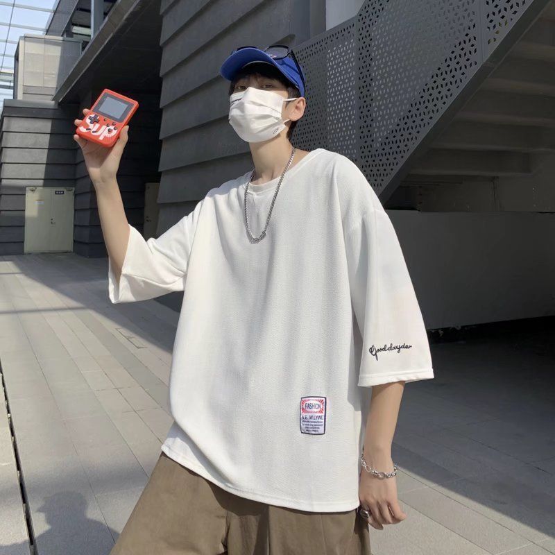 Tシャツ メンズ 無地袖刺繍 ルーズ ビッグシルエット 五分袖 トップス カジュアル ゆったり 半袖Tシャツ 無地薄手 レイヤード 夏 夏服 ファッション fuhai30 thumbnail 2