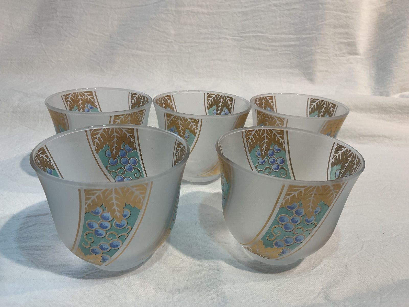 No.7 ガラスボウル 湯呑み 5個セット ぶどう柄 和柄 昭和レトロ Glass Bowl / Yunomi Tea Cup Set of ...