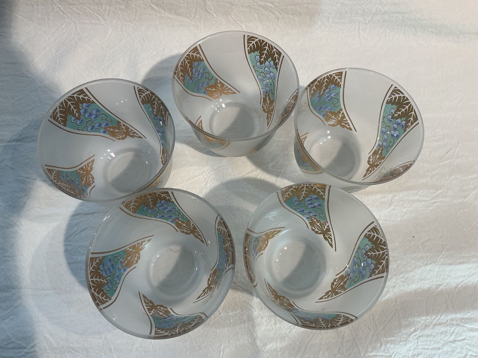 No.7 ガラスボウル 湯呑み 5個セット ぶどう柄 和柄 昭和レトロ Glass Bowl / Yunomi Tea Cup Set of ...