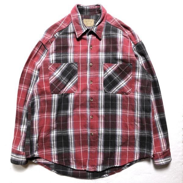 USA製90s ST.JOHN'S BAY ヘビーネルシャツ M 赤黒チェック BAY チェック ST JOHN'S 長袖 ヘビー フランネル 90s シャツ L ⁄ 0