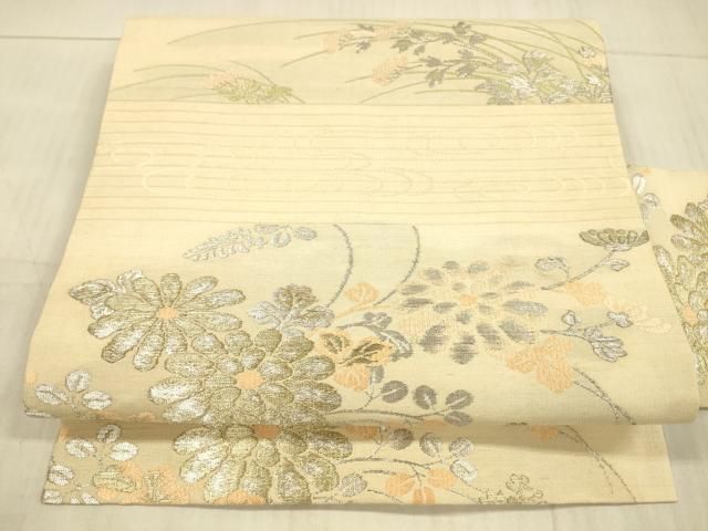 平和屋着物*夏物 アンティーク 大正ロマン 九寸名古屋帯 流水草花文 金銀糸 正絹 DAAX8883cm