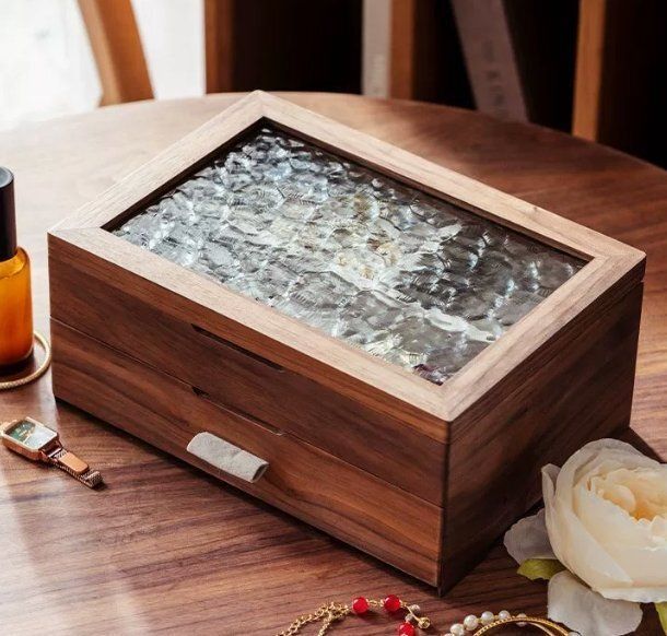 大容量ガラス蓋付き木製引き出しアクセサリーケースネックレスピアスリングアクセサリー二重木製収納ケース