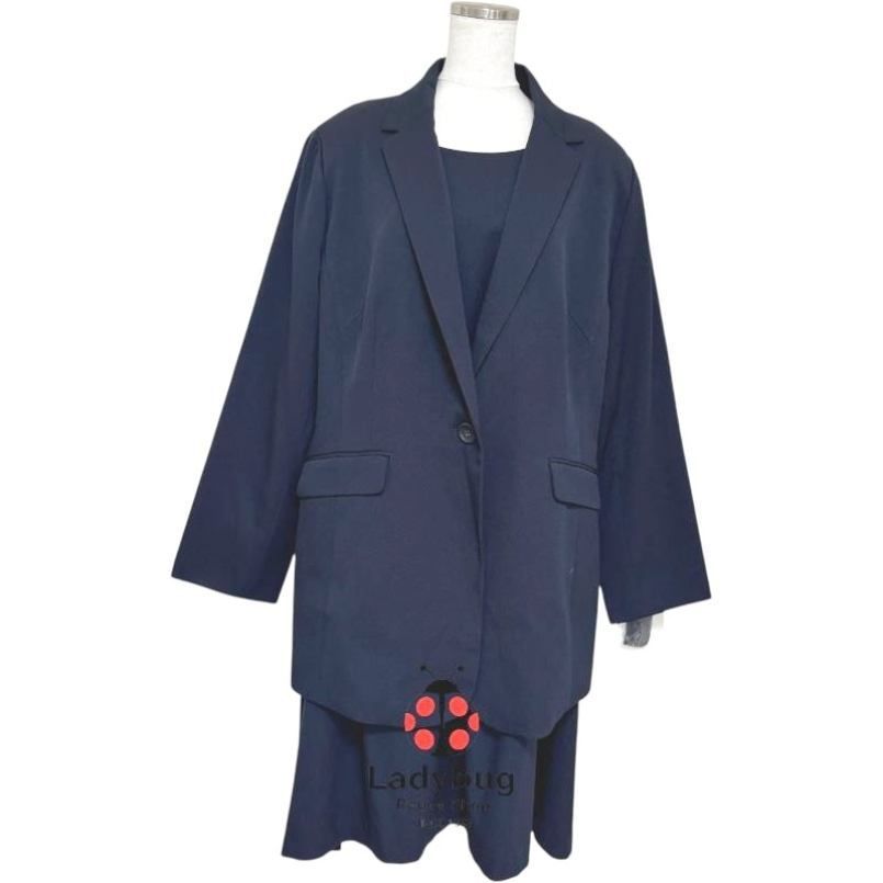クロスプラス レディース セレモニースーツ 洗えるスーツ 3ピース 冬 ジャケット ワイドパンツ ワンピース 4L ネイビー 紺 無地