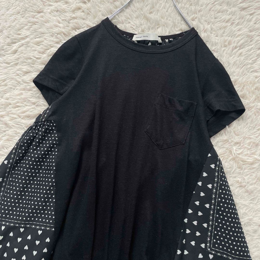sacai luck サカイラック フ 半袖Tシャツ ドッキングデザイン ハート柄 リネンポリ ブラック ホワイト 2サイズ