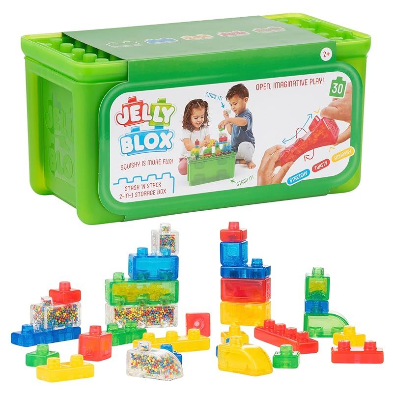 在庫限り Jelly Blox Stash N Stack 2-in-1 収納ケース 30ブロック入り | 幼児-就学前の積み木 子供は握ったり伸ばしたりできます | 安全テスト済み - 痛くならない | 触覚 感覚遊び玩具 対象年齢2歳以上