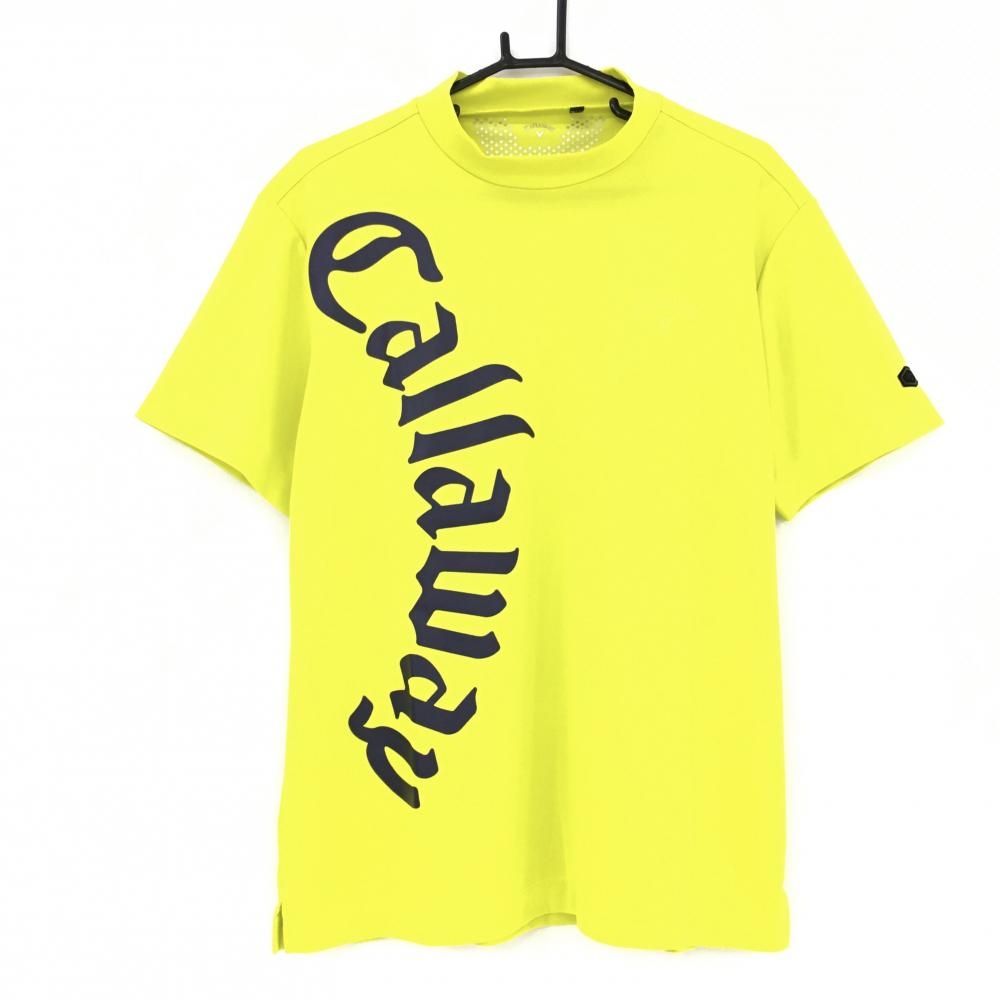 【超美品】キャロウェイ 半袖ハイネックシャツ イエローグリーン×黒 フロントロゴプリント メンズ LL ゴルフウェア Callaway