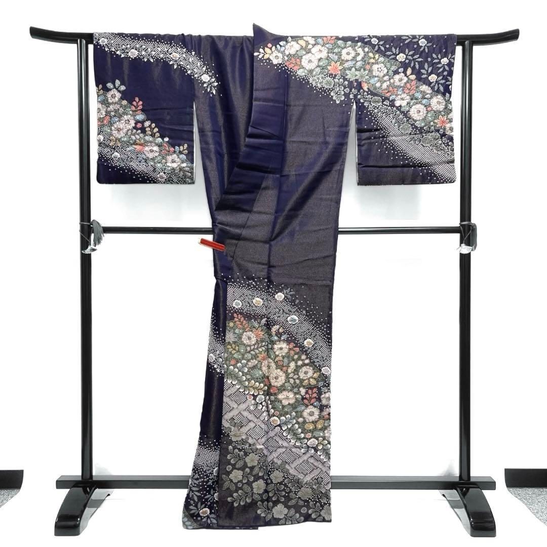 訪問着辻ヶ花金通し紋無し絞り金彩鹿の子楓椿着物053a d