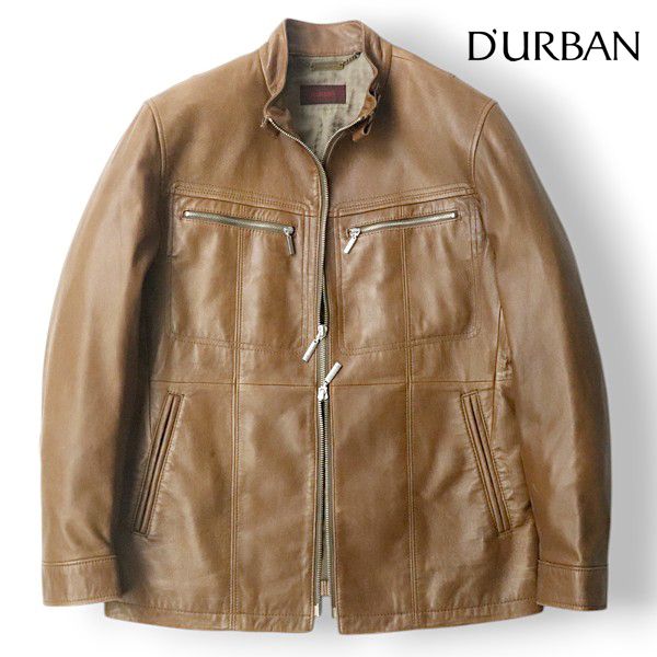 美品 D'URBAN ダーバン レナウン 羊革 シープスキン ラムレザー デザインジップ シングルライダースジャケット 茶 S【参考価格￥143，000-】