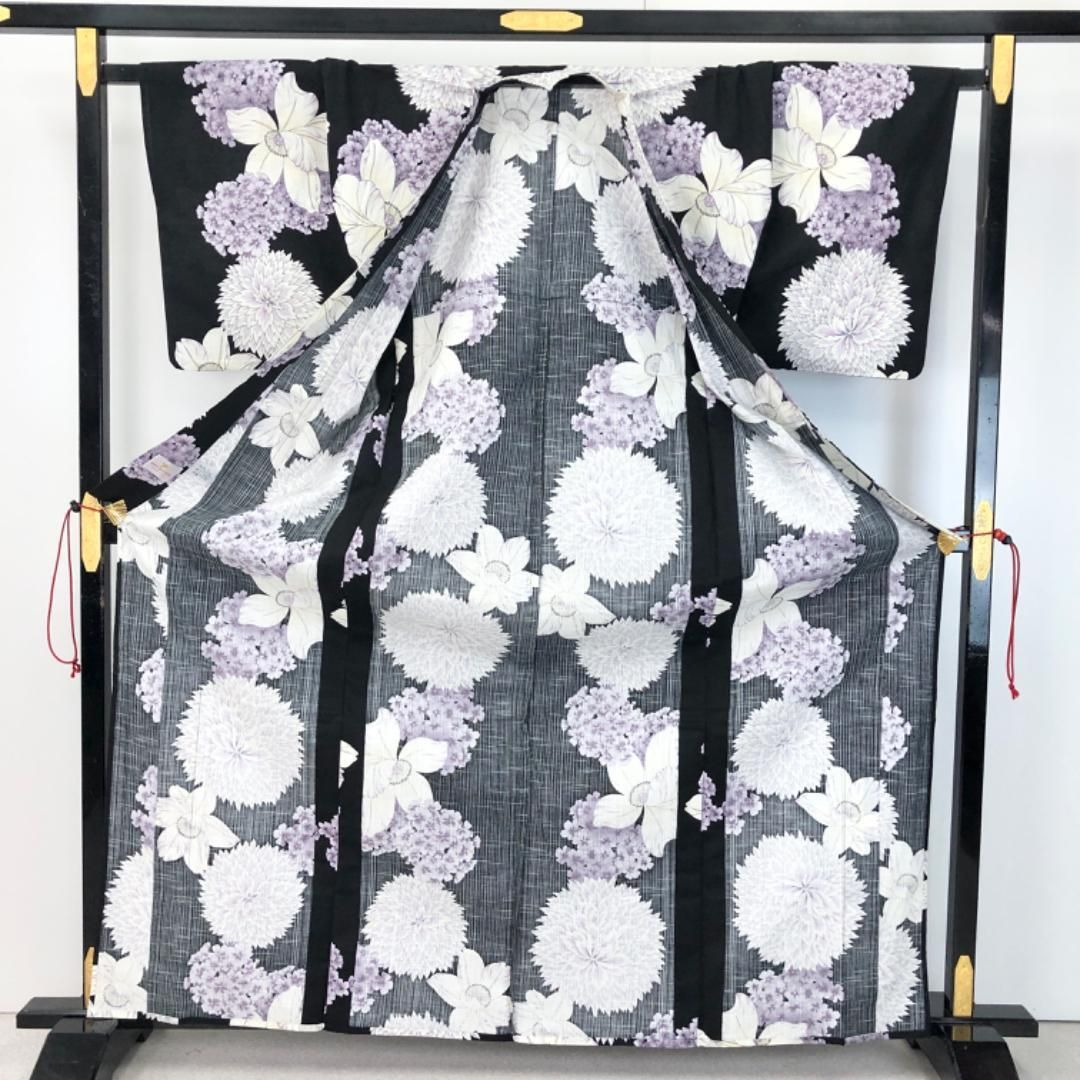 夏着物 浴衣 松田聖子監修 紫陽花 菊の花 黒色 トールサイズ K
