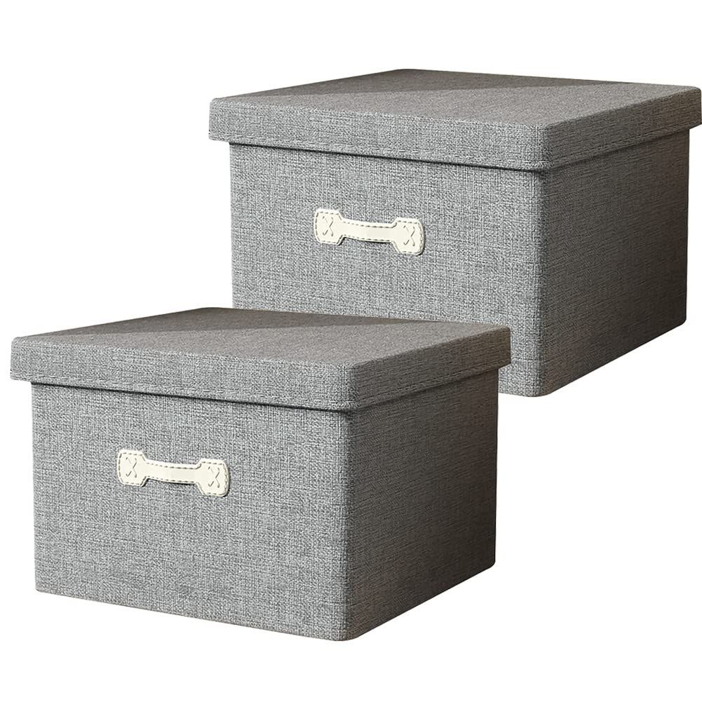 【最短発送】防塵 ボックス ボックス ストレージ 整理箱 ストレージ 家庭用 フタ付き ハンドル 50x40x30cm レザー 折りたたみ (2個セット) グレー 60L大型綿麻製の収納箱 衣類収納ケース 収納ボ