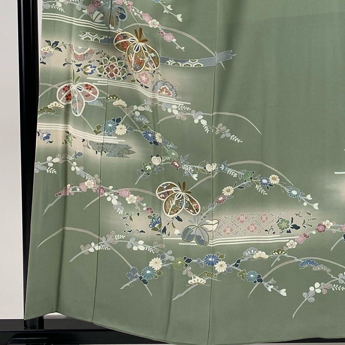 訪問着 身丈158.5cm 裄丈64.5cm M 袷 草花 華文 金糸 金彩 灰緑 正絹 秀品