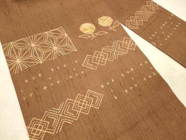 平和屋着物*夏物 九寸名古屋帯 紬地 刺繍 刺し子 抽象花文 正絹 DAAY8030cm